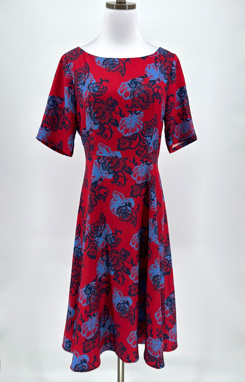 Anthropologie HD in Paris Theodora Red Blue Floral Midi Fit Flare Dress Sz 6